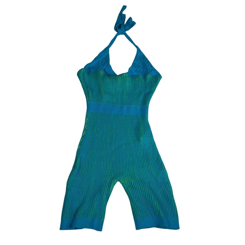 PrettyLittleThing Blue Lime Green Ribbed Halter Neck Knit Romper USA 4 UK 8